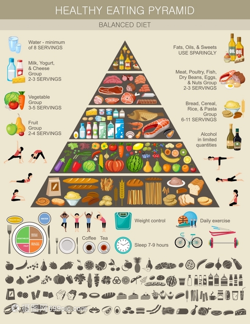 食物金字塔健康饮食信息图健康生活方式的建议产品的图标矢量插图